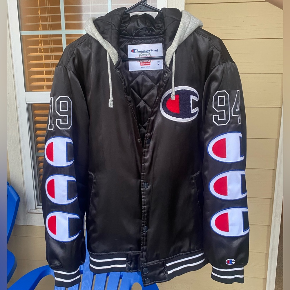 Supreme Champion Collaboration Hooded Satin Varsity Jacket
